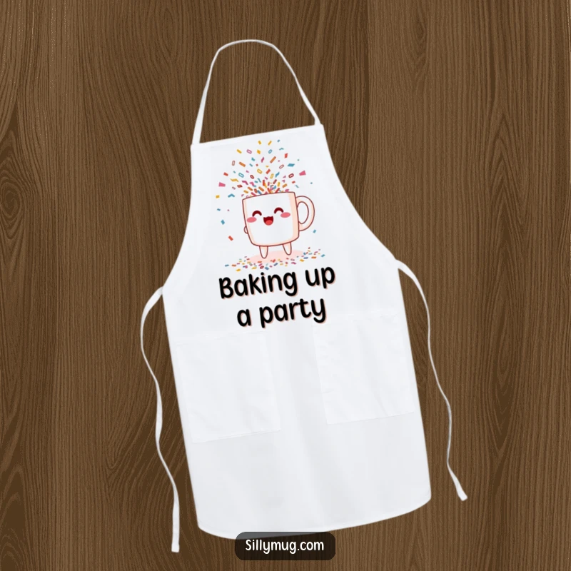 Funny excited Kawaii mug character pouring confetti apron, perfect for kitchen use with a festive and humorous touch.