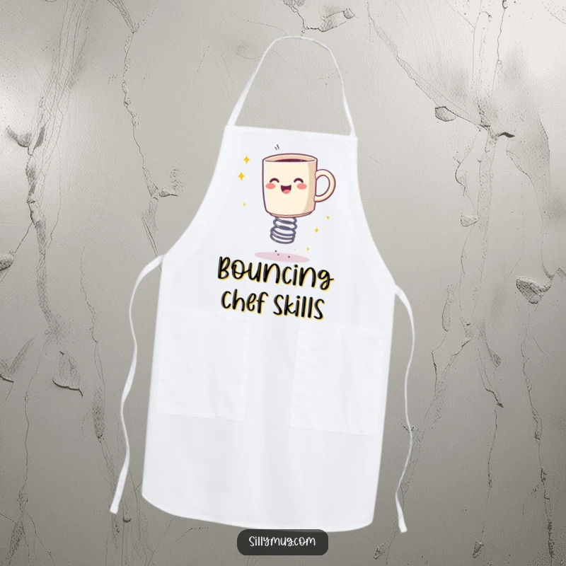 Funny apron featuring a happy mug bouncing on a spring, leaving a trail of sparkles, ideal for kitchen humor.