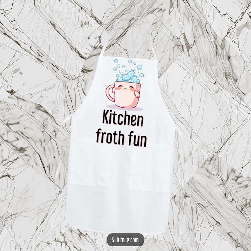 Funny apron showing a character playfully tapping a mug overflowing with bubbles, perfect for kitchen fun.