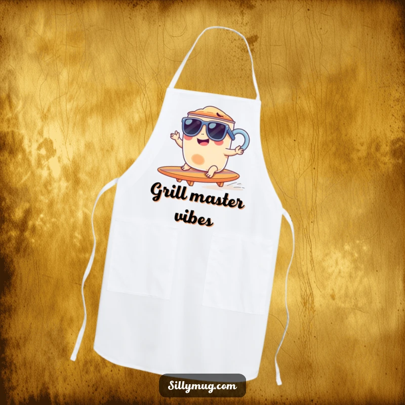 Funny apron featuring a giggling mug in sunglasses, surfing a tiny surfboard, ideal for kitchen humor.