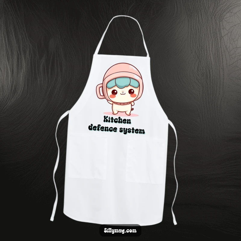 Funny Apron: A mischievous Kawaii character wears a mug as a helmet while preparing food, adding humor to the kitchen.