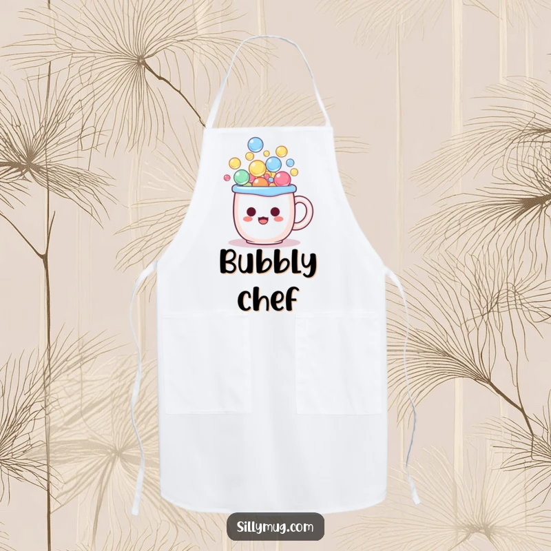 Funny kawaii apron showing a mug character overflowing with bubbles, expressing comical surprise, perfect for cooking.