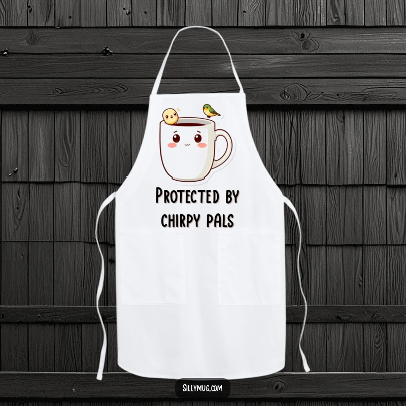Funny kawaii mug character wearing an apron, with a bird on the handle, ready for kitchen adventures and humorous cooking.