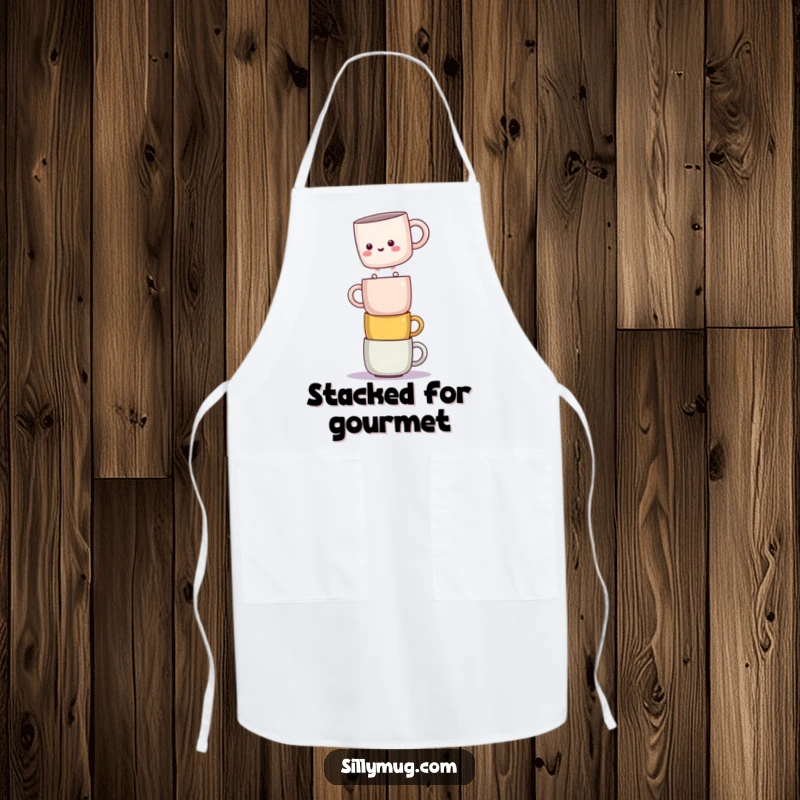Funny apron showcasing a kawaii mug character balancing on a stack of mugs, perfect for a fun cooking experience.