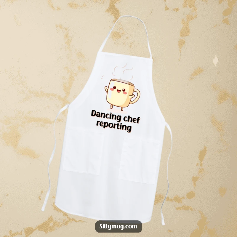 Funny apron with a kawaii mug character happily dancing with swirling steam, ideal for a cheerful cooking experience.