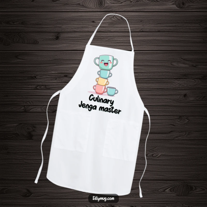Funny laughing mug tower apron, with a mug precariously balanced on stacked cups, for humorous cooking fun.