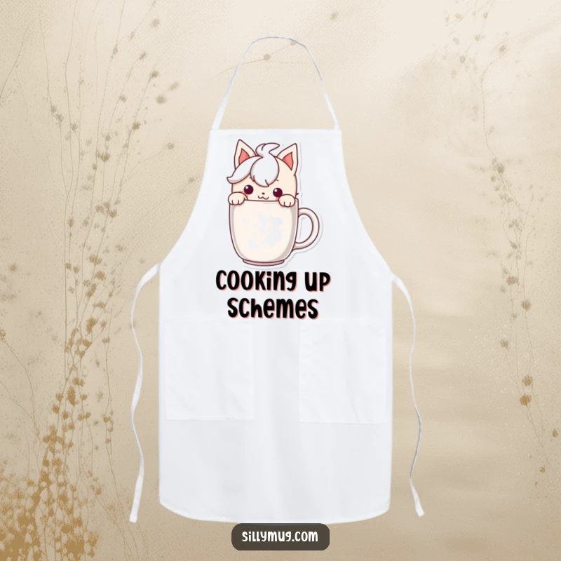 Funny apron showing a character peeking over a mug with a mischievous grin, perfect for kitchen fun.