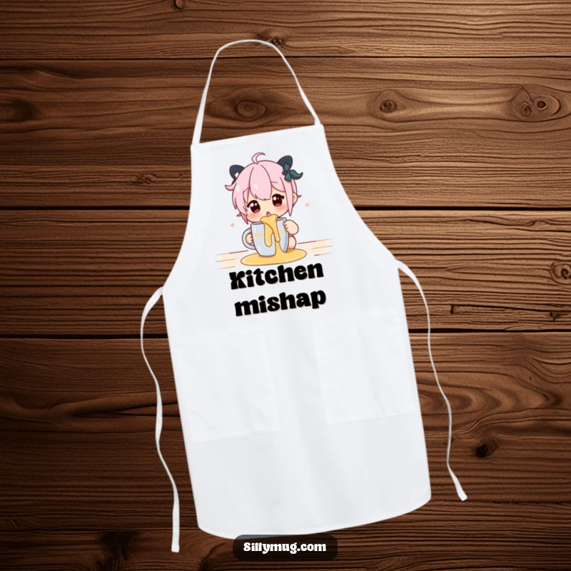 Funny apron showing a surprised character after spilling hot liquid from a mug, perfect for kitchen protection.