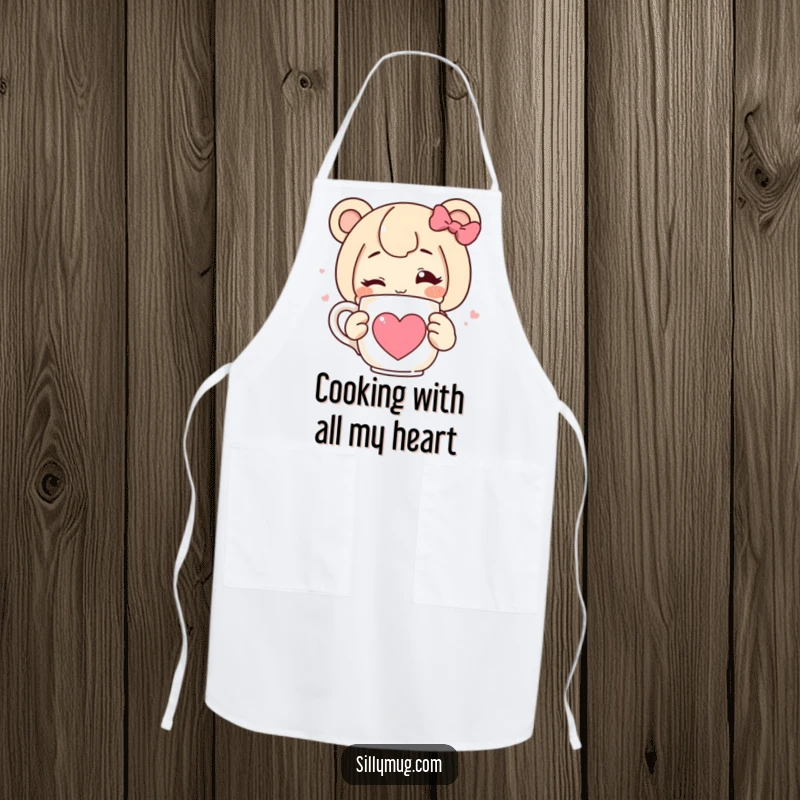 Funny apron featuring a character winking and holding a steaming mug with a heart, perfect for a humorous and stylish cooking experience.