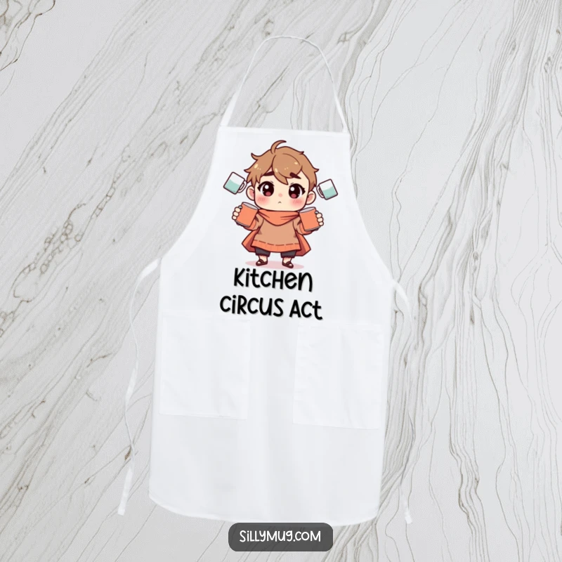 Funny Apron: A character is depicted in a comical pose, juggling coffee mugs while wearing a kitchen apron, perfect for chefs.