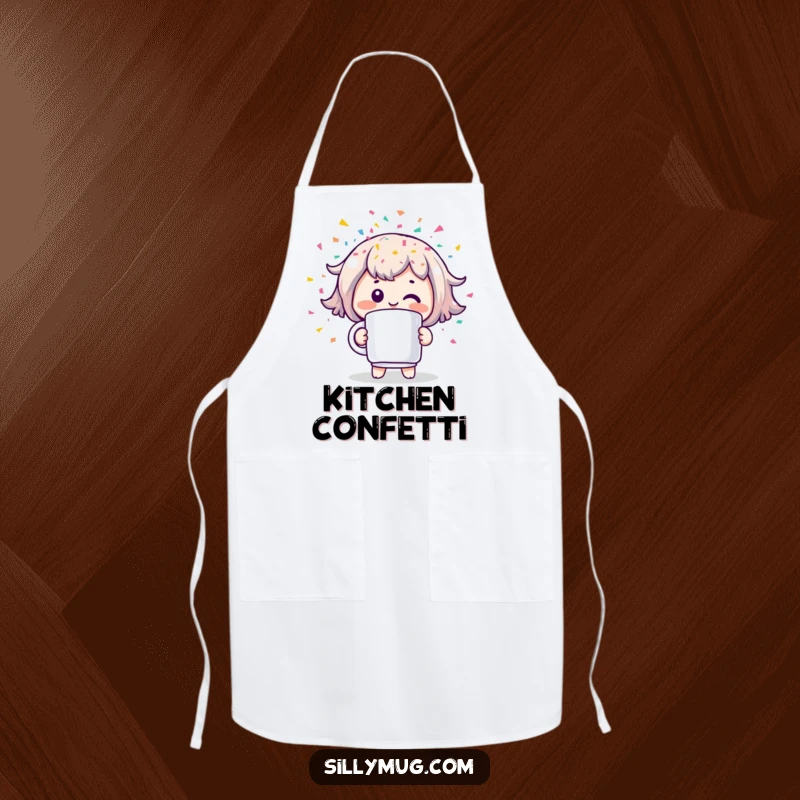 Funny apron depicting a cheerful Kawaii character holding a mug that is actively spraying colorful confetti, perfect for festive cooking.