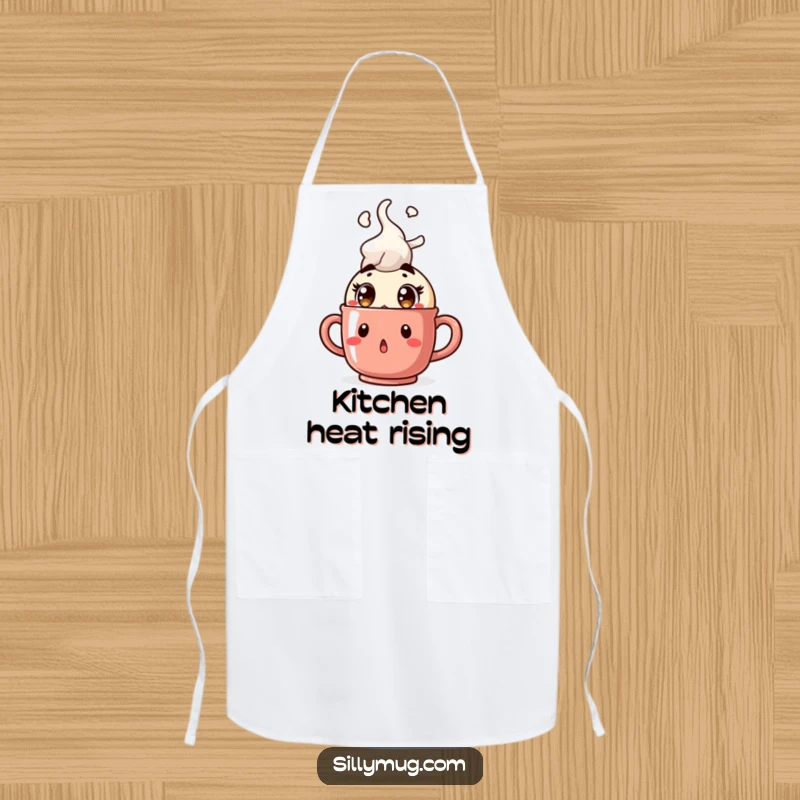Funny Kawaii character apron, surprised with wide eyes as a mug bursts with steam, humorous kitchen wear, perfect for cooking enthusiasts.