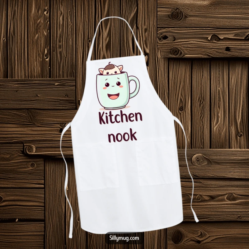 Funny apron featuring a playful Kawaii character peeking out from a large mug, adding a humorous and cute touch to kitchen wear.