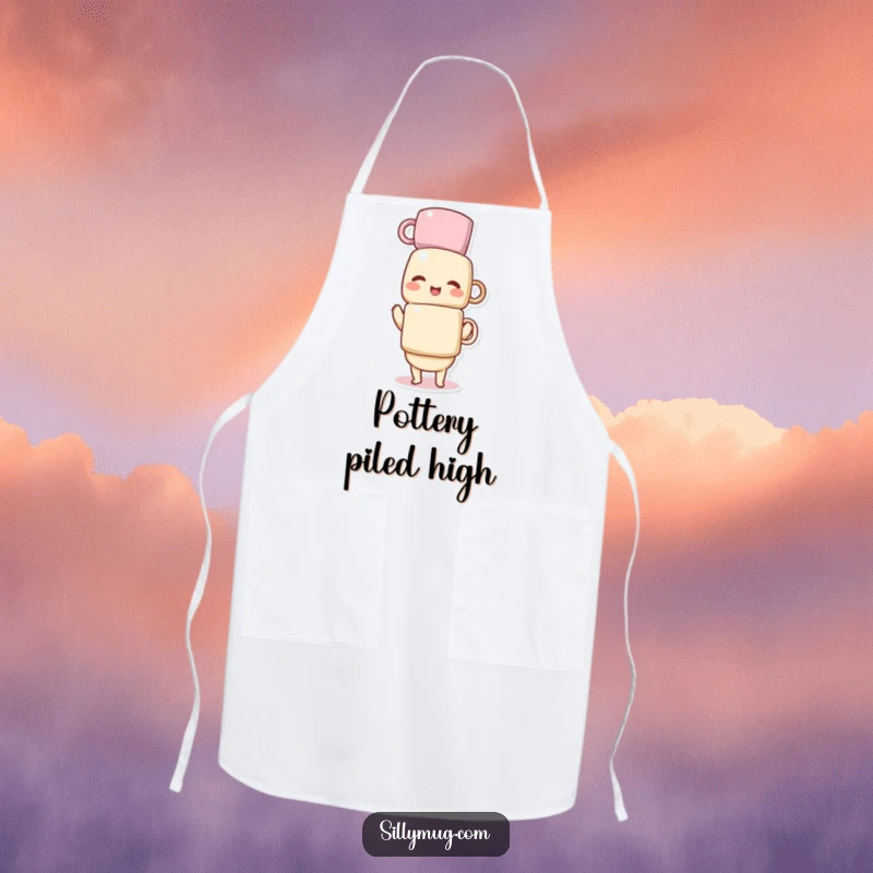Funny apron depicting a giggling Kawaii character balancing a precarious tower of mugs, ideal for chefs who don’t take themselves too seriously.