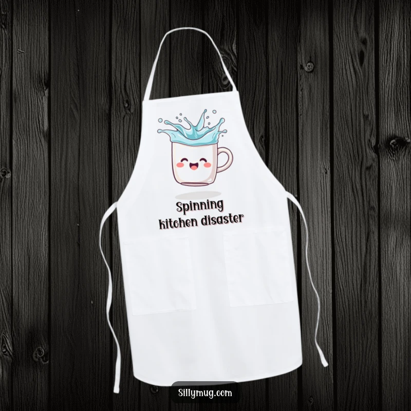 Funny Apron: A cheerful mug spins like a toy top, splashing imaginary liquid, a humorous and practical kitchen accessory.