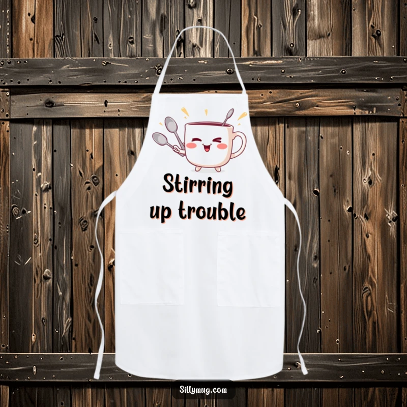 Funny winking mug juggler apron, with a mug juggling spoons playfully, for humorous cooking fun.