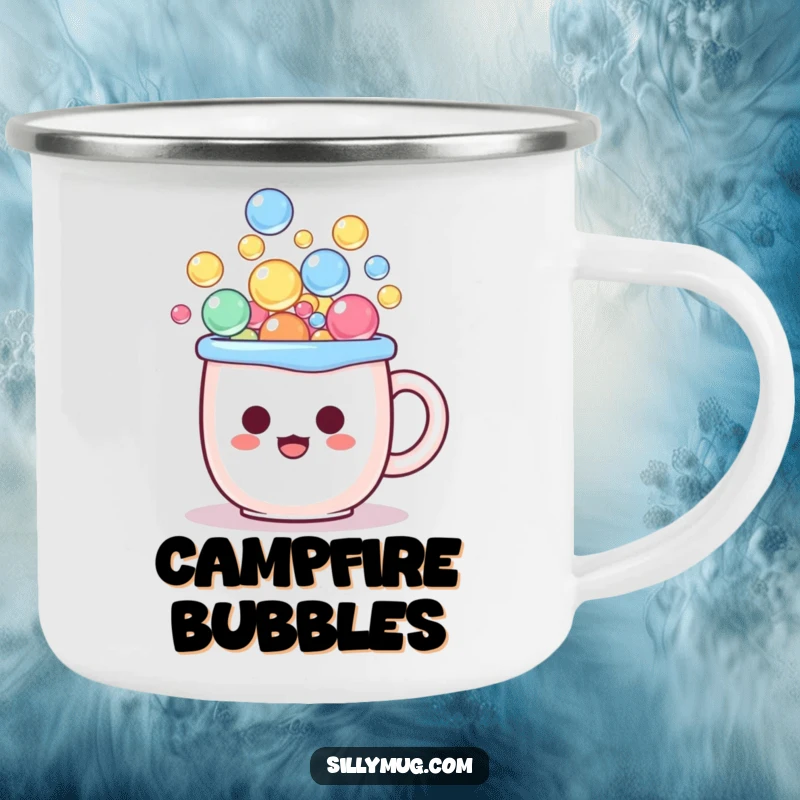 Funny kawaii camping mug with a mug character overflowing with bubbles, looking surprised, perfect for outdoor fun.