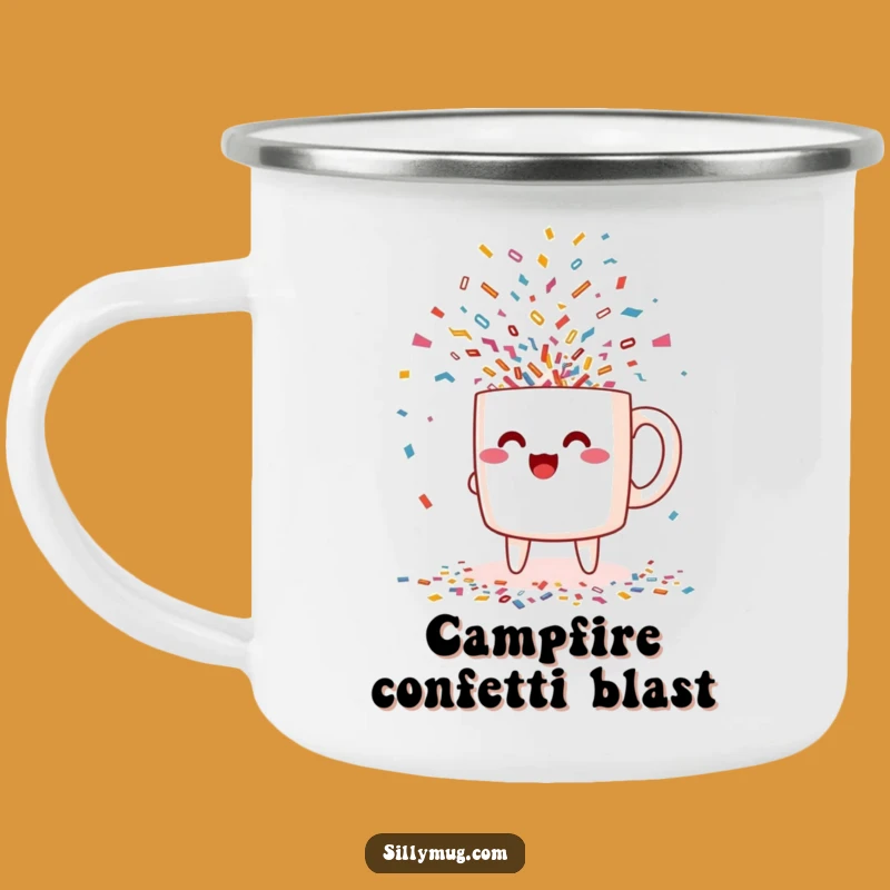 Funny Excited Kawaii Confetti Camping Mug: Celebrate Outdoors with Joyful Character Art