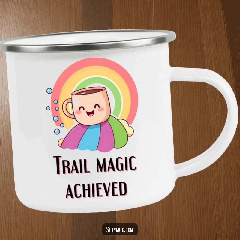 Funny smiling mug rainbow slide camping mug, showing a mug on a rainbow, designed for humorous outdoor enjoyment.