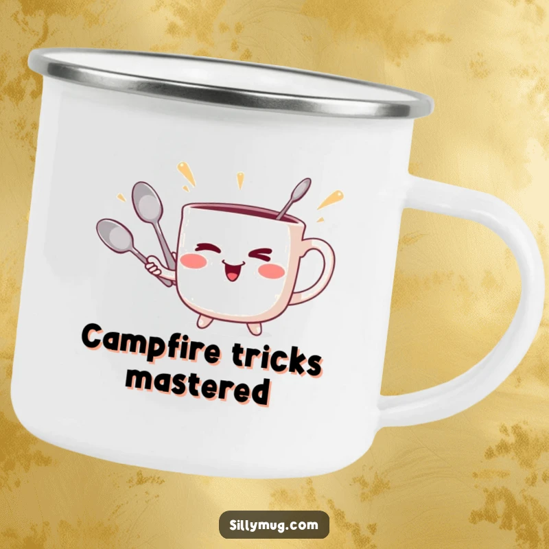 Funny winking mug juggler camping mug, showing a mug juggling spoons, for humorous outdoor enjoyment.