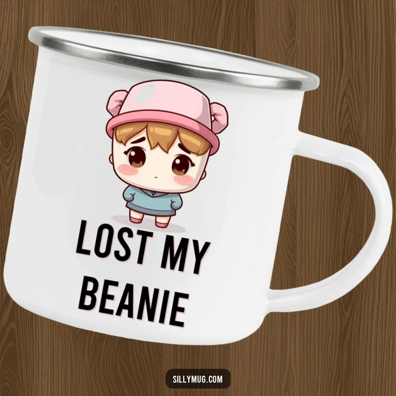 Funny Camping Mug: A bewildered character wears a coffee mug as a hat, a humorous enamel cup for outdoor adventures.