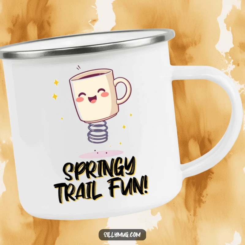Funny camping mug with a happy mug bouncing on a spring, leaving a trail of sparkles, durable and humorous.