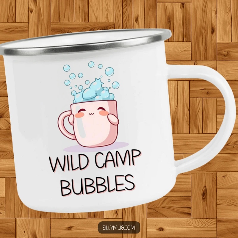Funny camping mug featuring a character playfully tapping a mug overflowing with bubbles, perfect for outdoor fun.