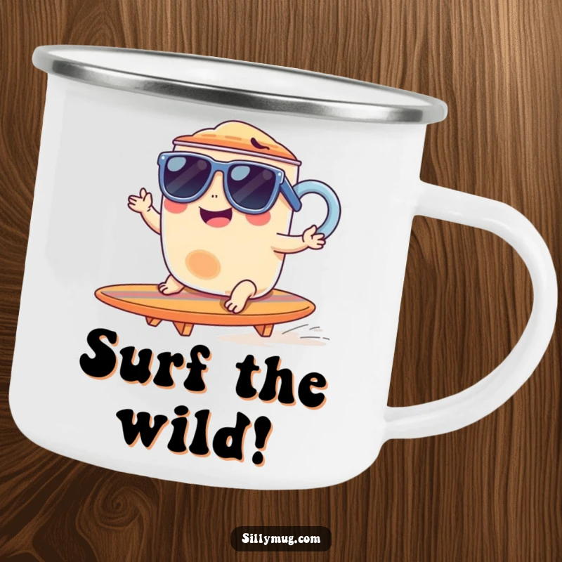 Funny camping mug with a giggling mug surfing a tiny surfboard, durable and humorous for outdoor use.