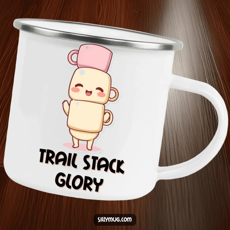 Funny camping mug displaying a giggling Kawaii character precariously balancing a tower of beverage mugs, ready for outdoor fun.