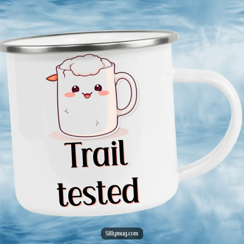 Funny kawaii camping mug with a mug character showing a cracked handle and a sheepish grin, perfect for outdoor fun.