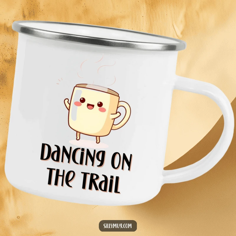 Funny camping mug with a kawaii mug character dancing with swirling steam, ready for outdoor adventures and smiles.
