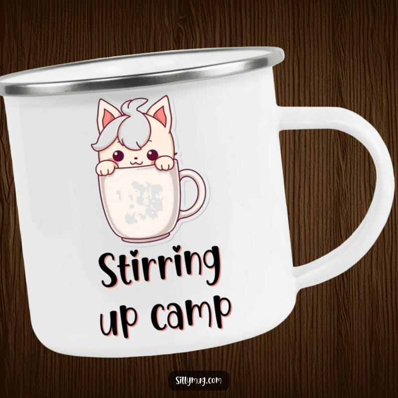 Funny camping mug featuring a character peeking mischievously over the rim, perfect for outdoor fun.