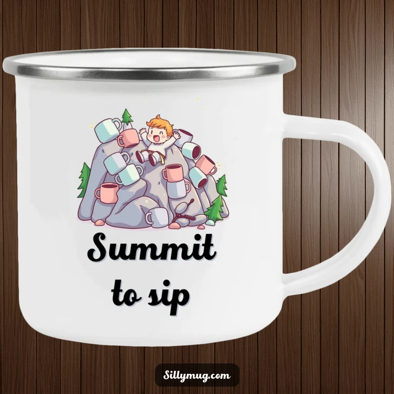 Funny Camping Mug showcasing a character sliding down a mountain of mugs, perfect for outdoor adventures with a thrilling coffee theme.