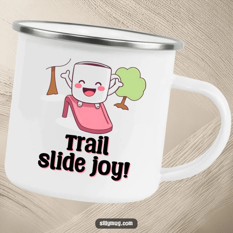 Funny camping mug with a playful mug joyfully sliding down a slide, durable and humorous for outdoor use.