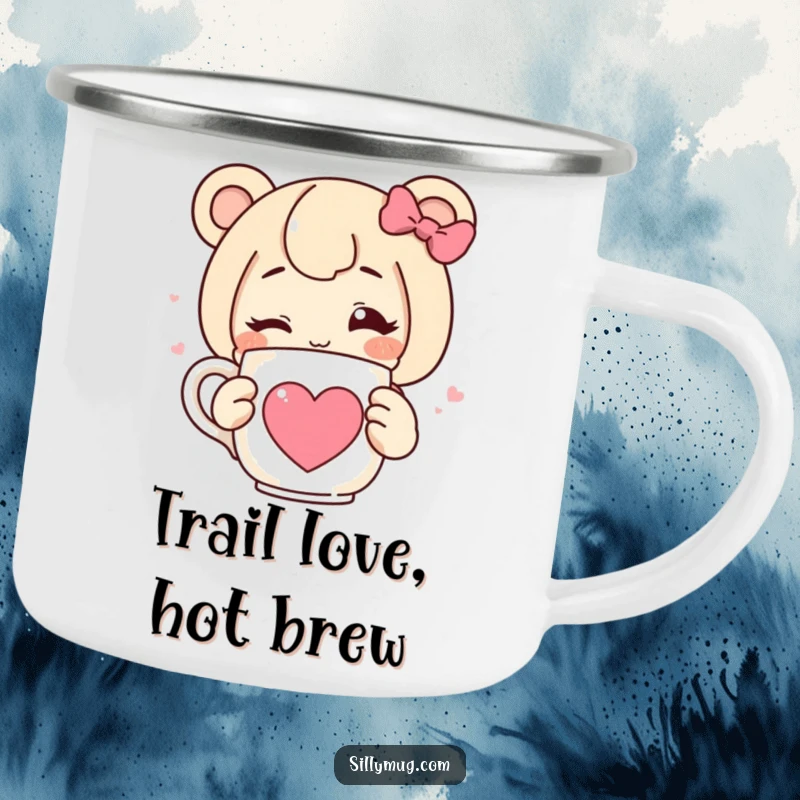 Funny enamel camping mug featuring a character winking and holding a steaming mug with a heart, perfect for outdoor use and humor.