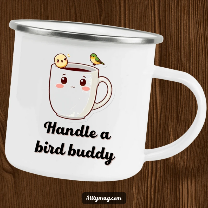 Funny kawaii mug character with a tiny bird on its handle, designed for outdoor use on a durable camping mug.