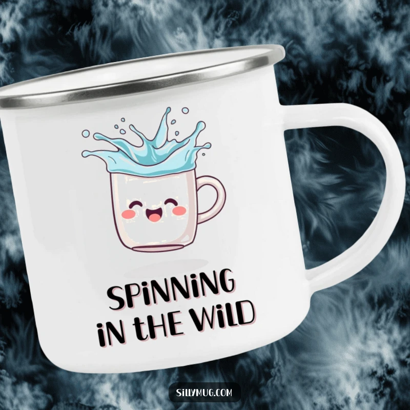 Funny Camping Mug: A happy mug spins like a top, splashing imaginary liquid, perfect for outdoor enthusiasts who love humor.