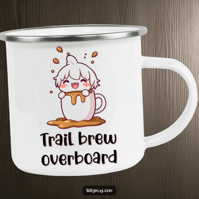 Funny Kawaii character camping mug, joyfully spilling coffee from an overflowing mug, durable and humorous outdoor drinkware, great gift.