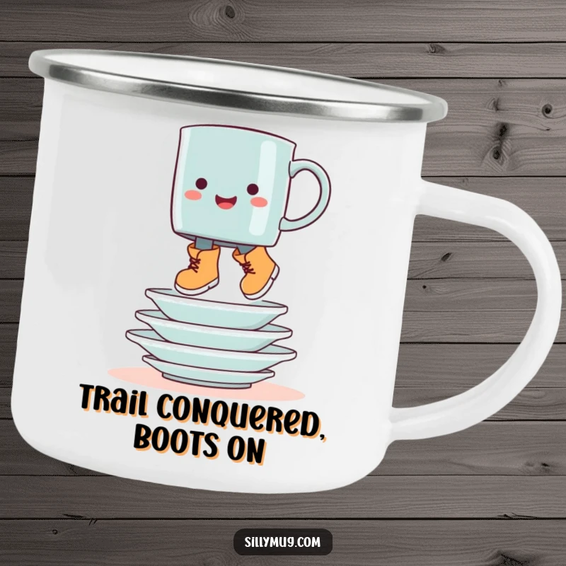 Funny booted mug hop camping mug, showing a mug in boots jumping over dishes, for humorous outdoor enjoyment.