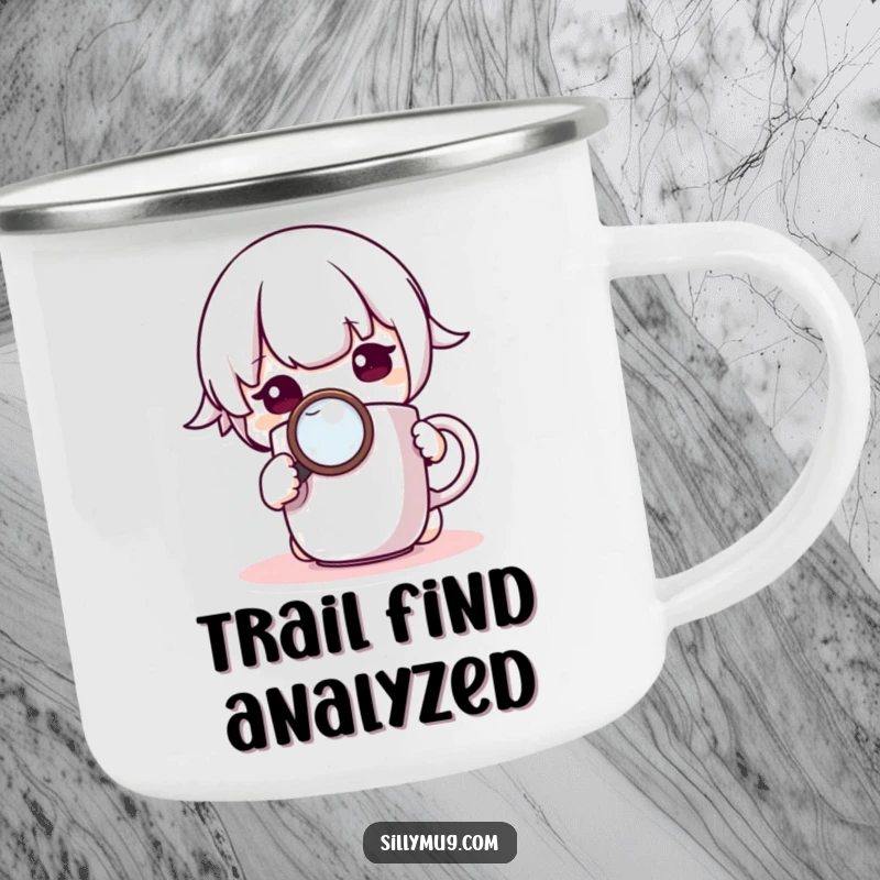 Funny Camping Mug: A curious Kawaii character uses a magnifying glass to study a mug, bringing detailed humor to outdoor adventures.
