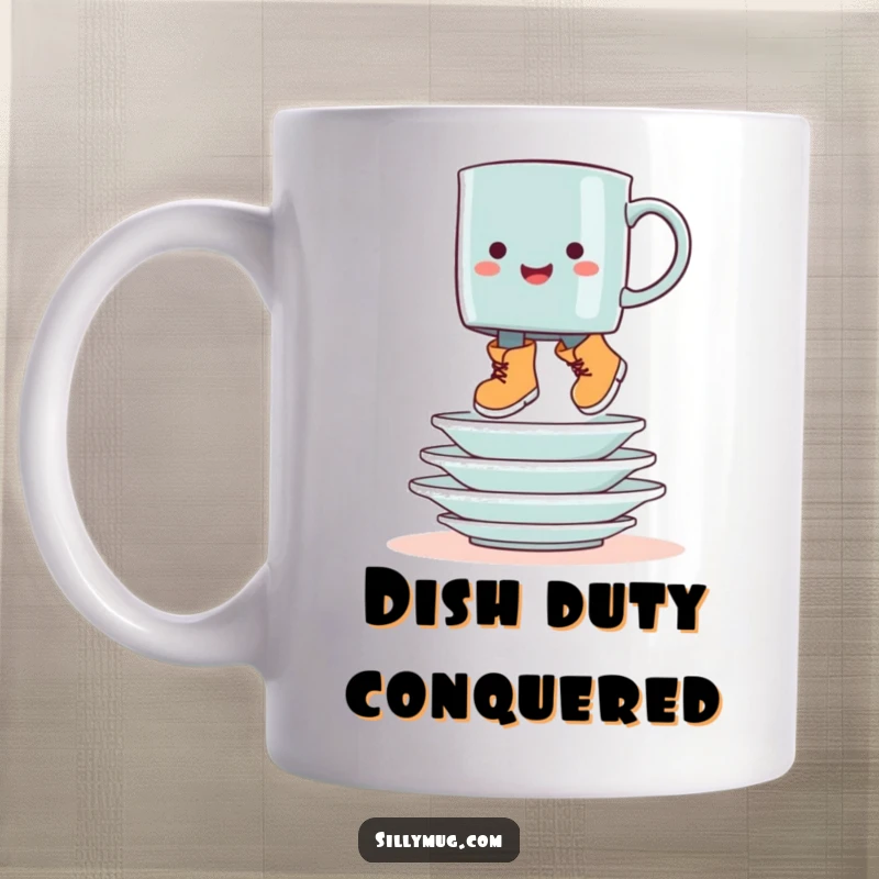 Funny mug wearing tiny boots, hopping gleefully over a stack of dishes, showcasing playful domesticity.