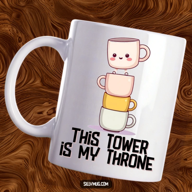 Funny mug with a kawaii character precariously balancing on a stack of mugs, showing off daring and humor.