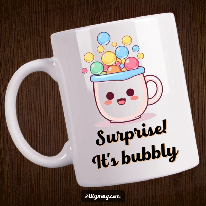 Funny kawaii mug character overflowing with colorful bubbles, face expressing comical surprise, perfect for cute humor.