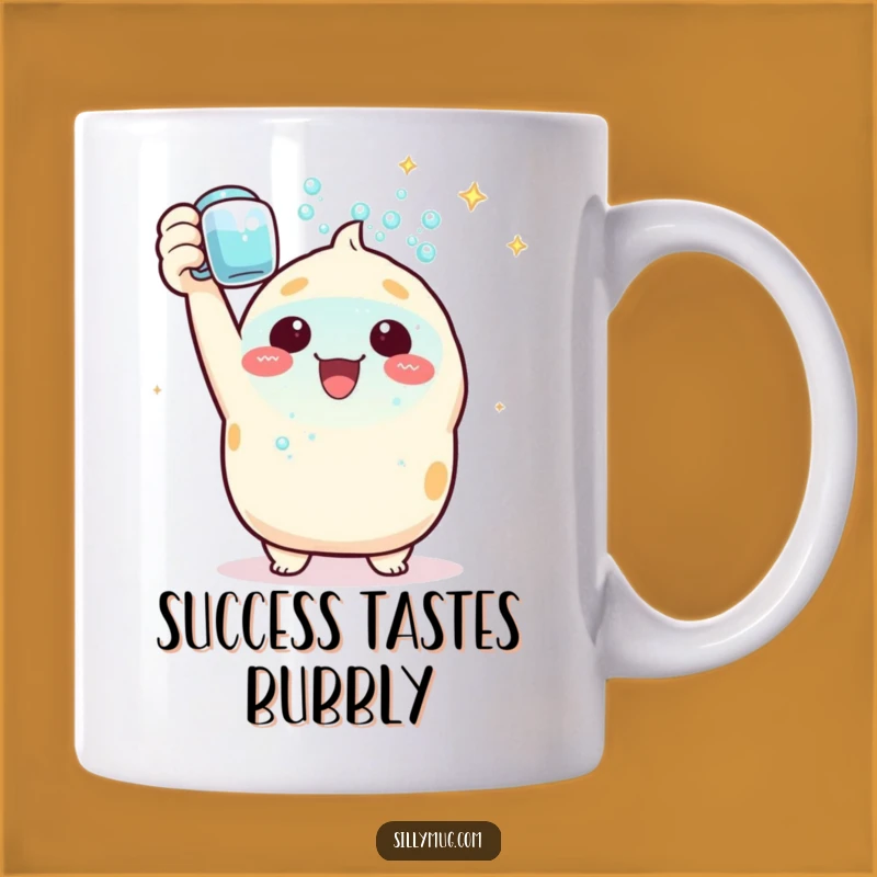 Funny Kawaii Mug: Triumphant Character with Bubbles - Celebratory & Hilarious Gift