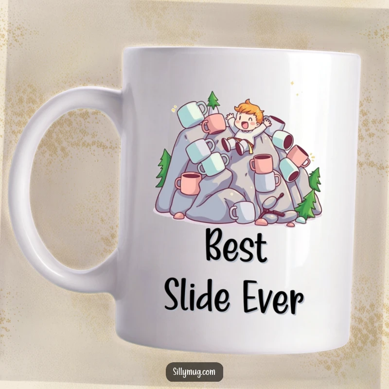 Funny Mug featuring a character gleefully sliding down a steep mountain made of coffee mugs, symbolizing pure delight and caffeine obsession.