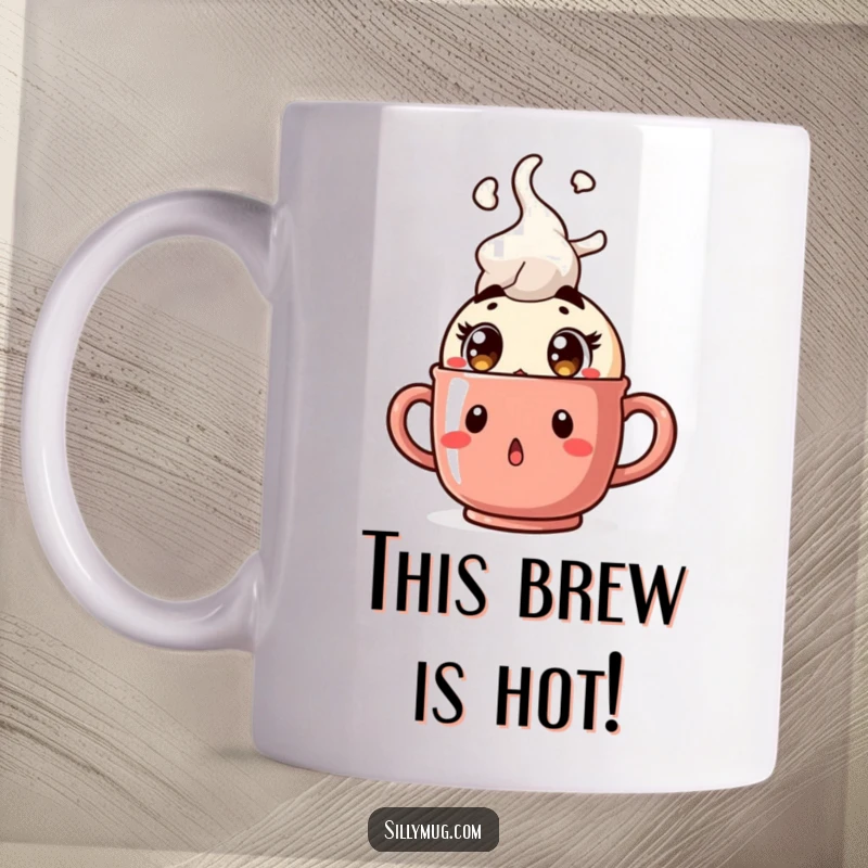 Funny Kawaii character mug, surprised with wide eyes as a mug bursts with steam, intense heat and humor, perfect gift.