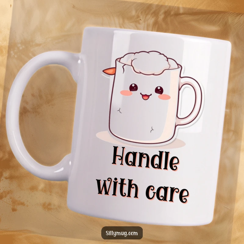 Funny kawaii mug character with a cracked handle, sporting a sheepish grin, perfect for relatable humor lovers.