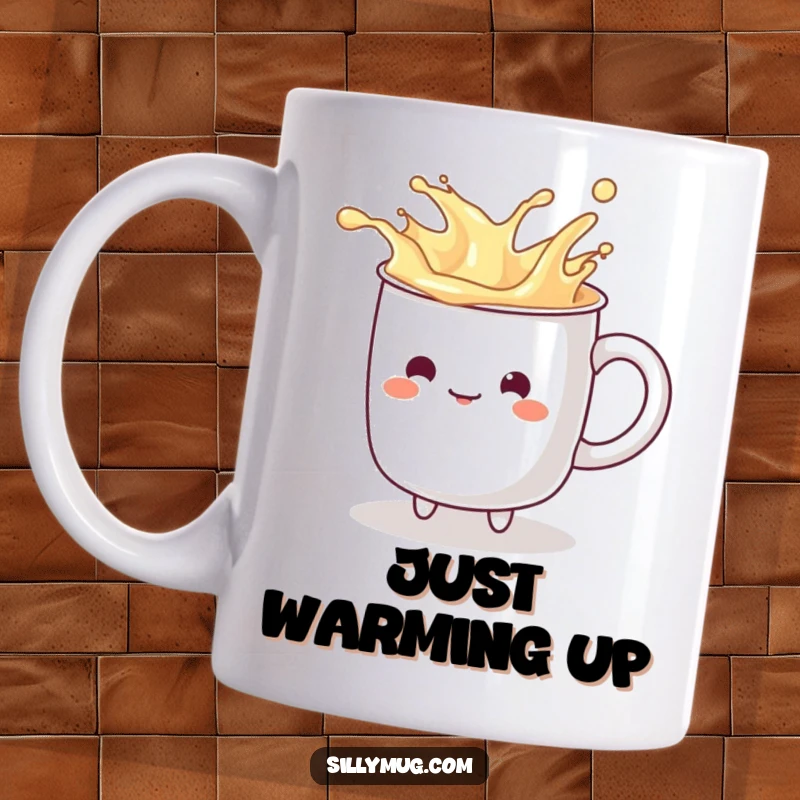 Funny kawaii mug character playfully splashing imaginary liquid from its rim, looking mischievous and full of cheerful energy.