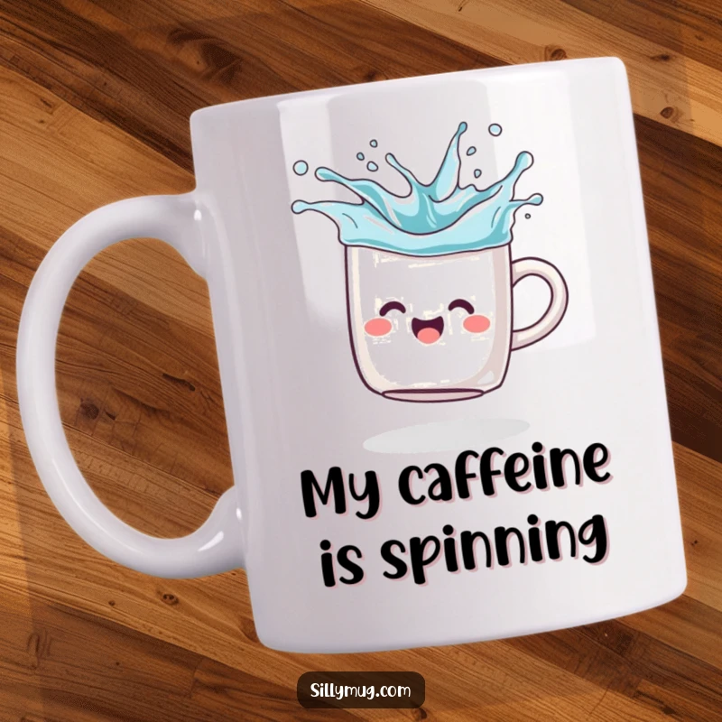 Funny Mug T-Shirt: A joyful ceramic mug spins wildly, splashing imaginary liquid, representing pure, unadulterated fun.
