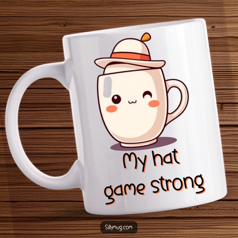Funny Kawaii mug character with a tiny hat tilted jauntily on its rim, a cute and humorous design for a coffee mug.